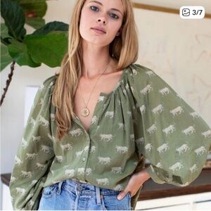 Emerson Fry Organic Cotton Olive Green Cheetah block print buttonup. Large.